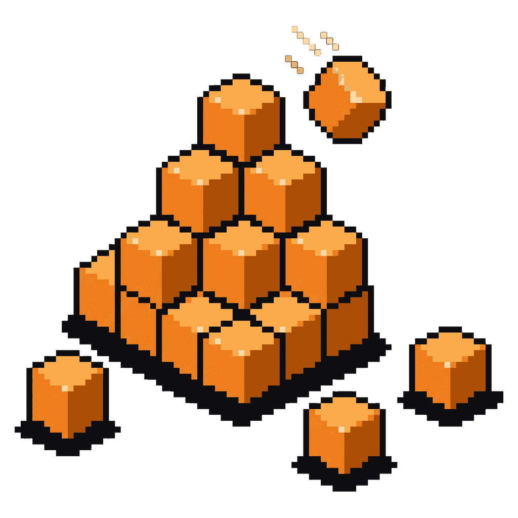 A pyramid of orange cubes with two tumbling off
